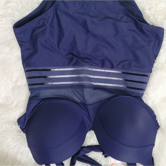 Navy blue European and American plus size swim suit women's one piece mesh plain - Picture 4 of 5